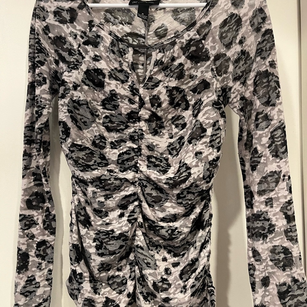 INC Stylish Ruched Sheer Leopard Print Top